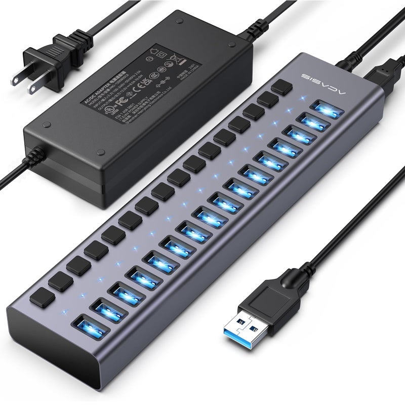 Acasis Powered USB 3.2 Hub, ACASIS 16 Ports USB 3.2 Hub with 10Gbps Data Speedï¼ŒAluminum Housing, USB Hub Powered with 96W Power Adapter, USB Hub for PC/Laptop, Computer, Flash Drive, Printer, Camera - Image 1
